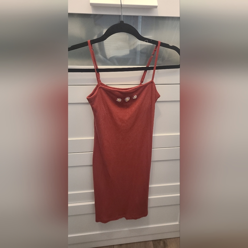 Spaghetti strap, fitted red dress with flowers